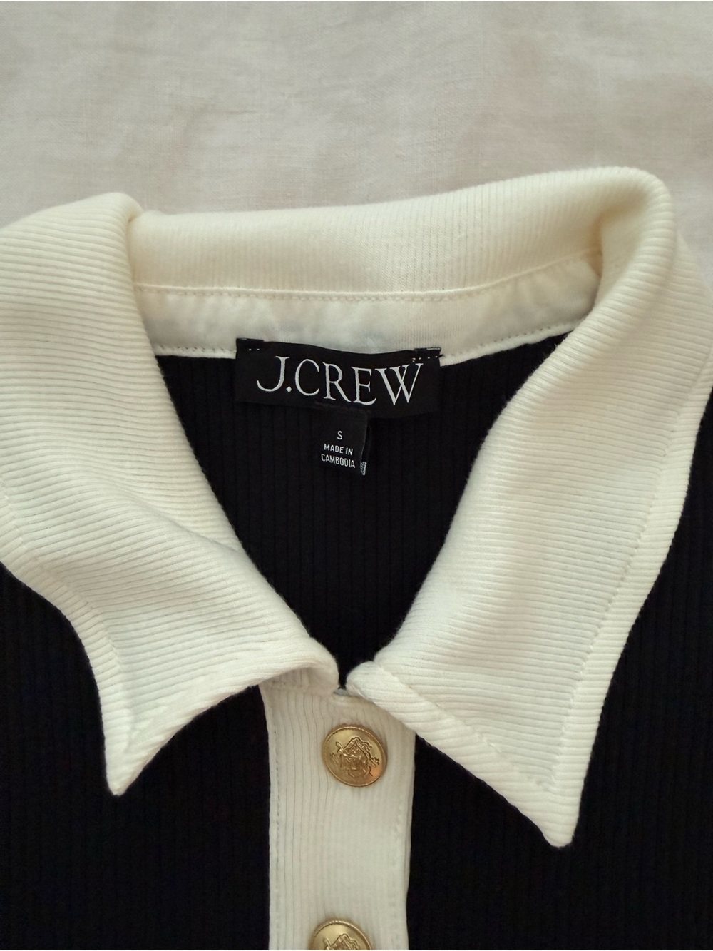 J. Crew Black Ribbed Polo Top with Cream Placket and Collar - Picture 2 of 4